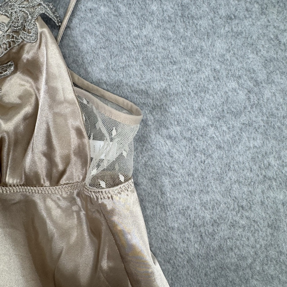 Flora Champagne Satin Chemise Slip Dress Size M Lace Trim V-Neck Babydoll Fairy - Picture 5 of 11